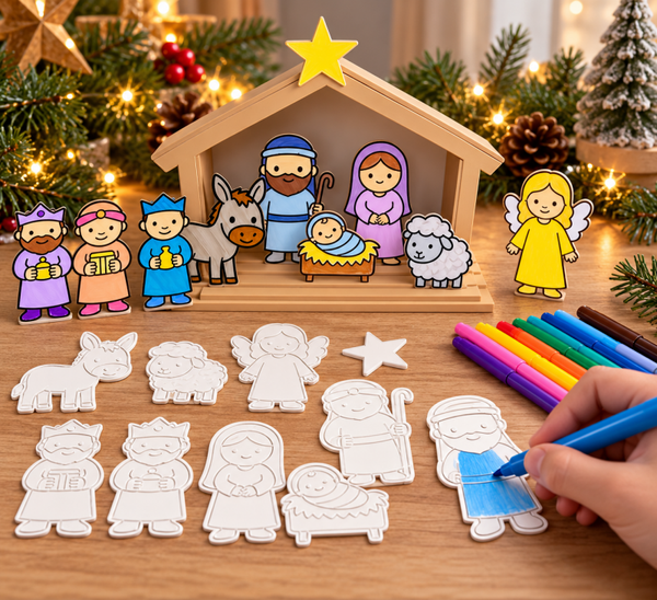 Kerststal om zelf in te kleuren – Creatief kerstplezier