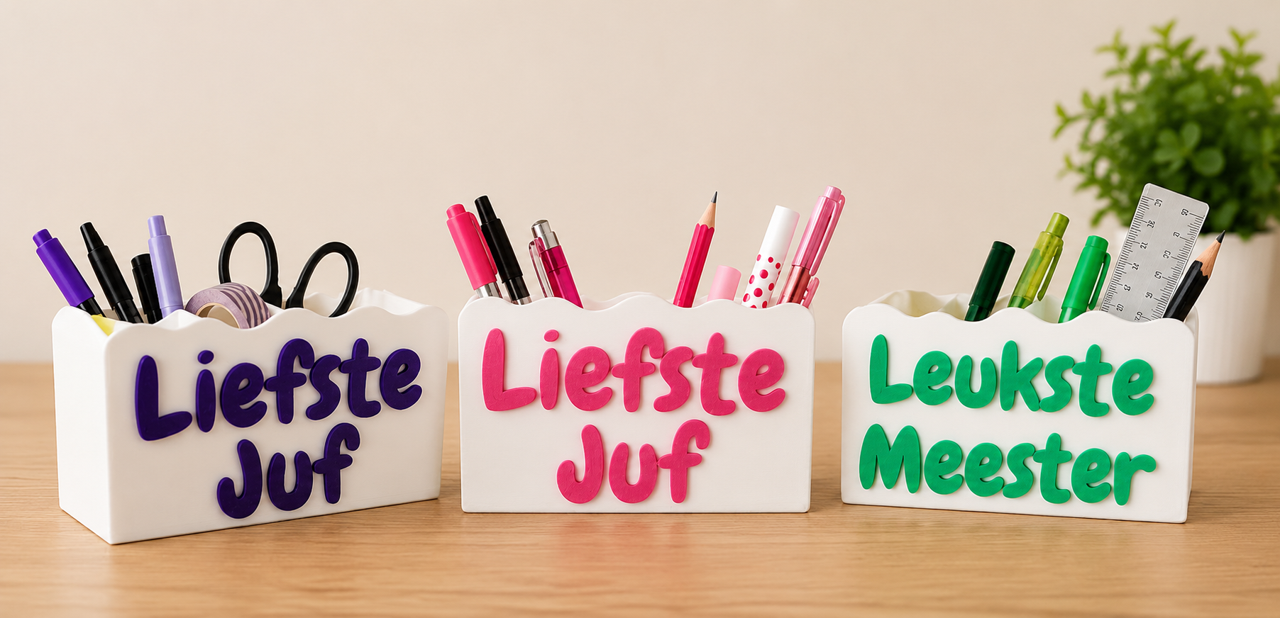🖊️ Gepersonaliseerde pennenbak – Liefste Juf / Leukste Meester