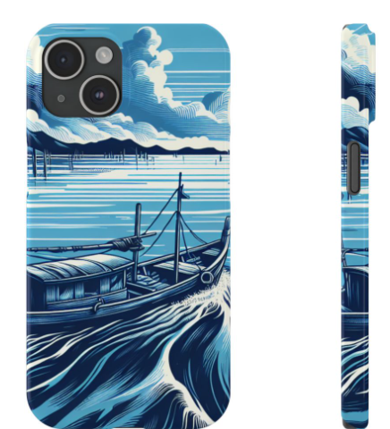 The blue Boat River Iphone 15 Phone Case, Slim Cover for Smartphone, Protective