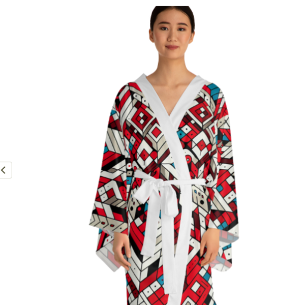 Geometric Patterned Long Sleeve Kimono Robe, Boho Chic Loungewear