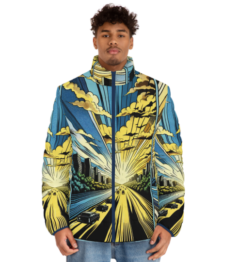 Men's Graphic Puffer Jacket, Urban Streetwear, Unisex Winter Coat, Bold Artistic Outerwear, Gift for him, Travel Jacket
