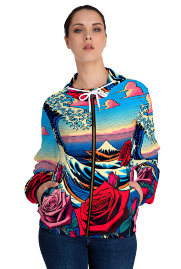 Vibrant Floral Wave Hoodie, Women’s Art Hoodie, Full-Zip Fashion Sweatshirt, Comfortable Casual Wear, Perfect Gift for Her