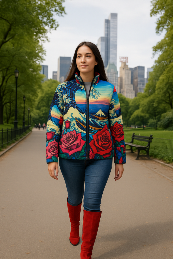 Women’s Artistic Puffer Jacket, coat Outwear, red colorful