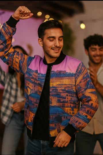 Europe Men’s Bomber Jacket (AOP) – Greece-Inspired Cityscape Print, Sizes S–4XL