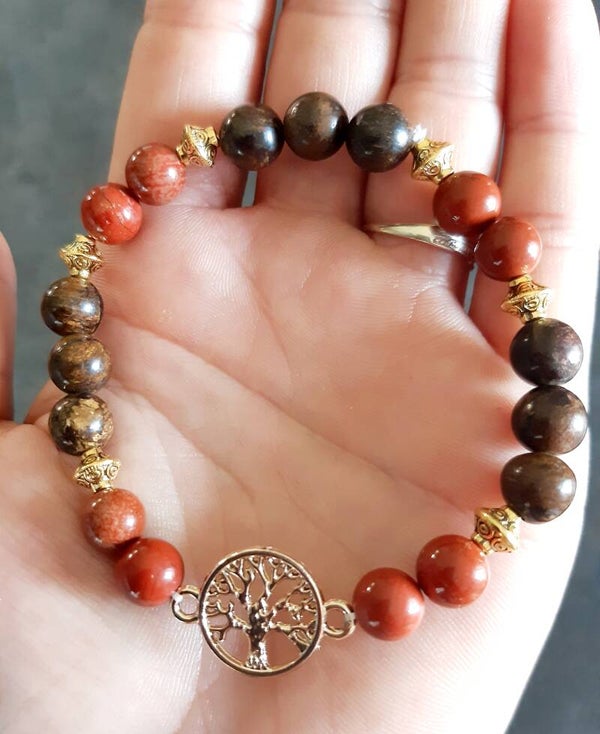 Bracelet jaspe rouge, Bronzite, separateur doré, arbre de vie reliée doré