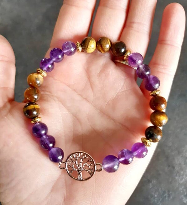 Bracelet améthyste, œil de tigre, separateur doré arbre de vie reliée