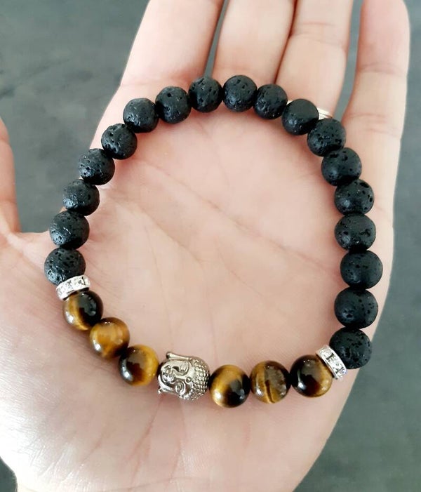 Bracelet pierre de lave, quartz rose, separateur acier, Bouddha argent