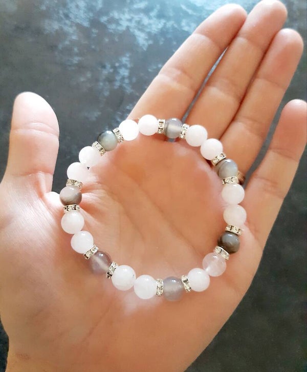 Bracelet agate Botswana, quartz rose, separateur acier