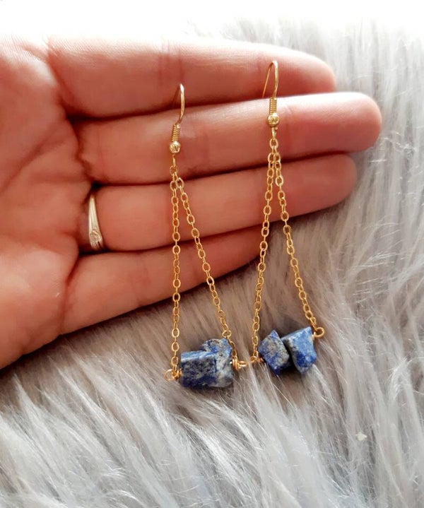 Boucle d'oreille plaqué or lapis-lazuli brute pendantes