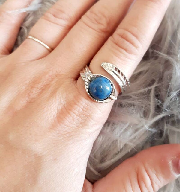 Bague acier inoxydable réglable apatite bleu feuille double