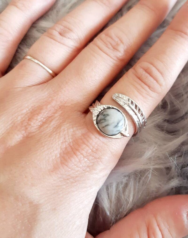 Bague acier inoxydable réglable jaspe zèbre feuille double