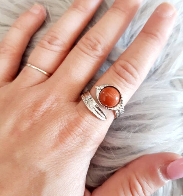 Bague acier inoxydable réglable jaspe rouge feuille double