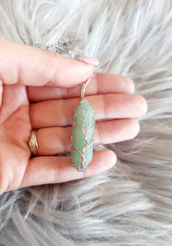 Collier acier inoxydable arbre de vie métal aventurine verte