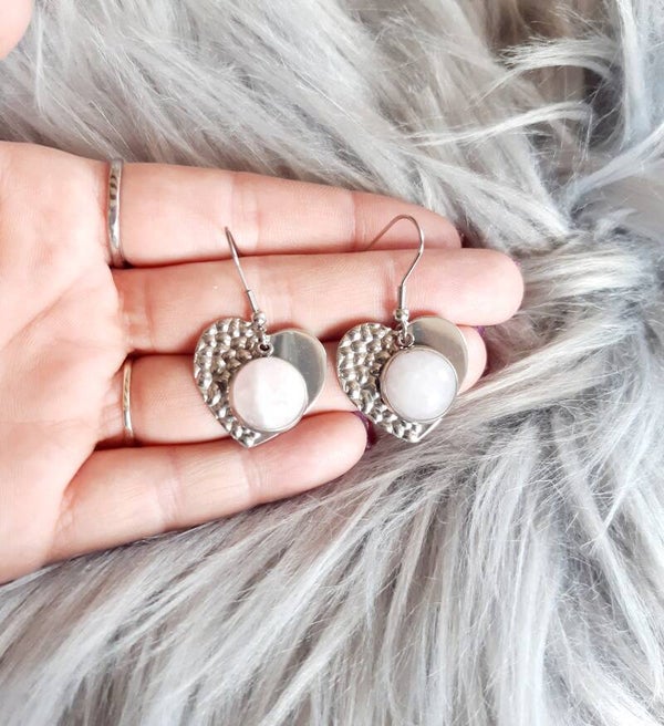 Boucle d'oreille cabochon acier inoxydable quartz rose cœur