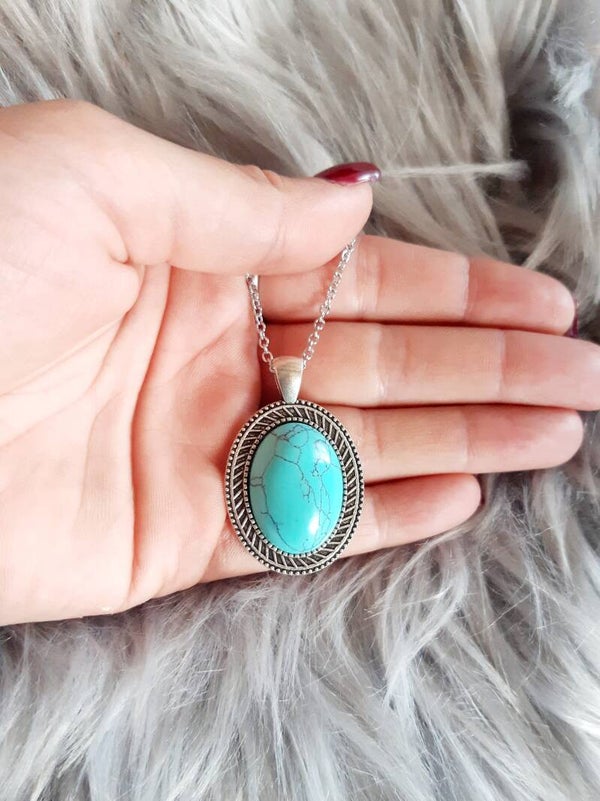 Collier cabochon acier inoxydable ovale turquoise