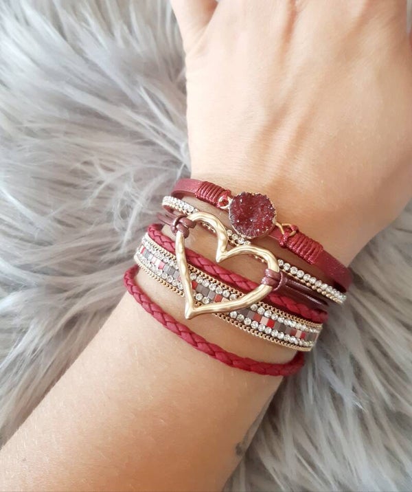 Bracelet manchette cœur jaspe rouge brute