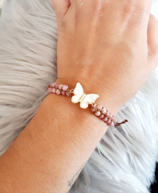 Bracelet cordon papillon rhodochrosite