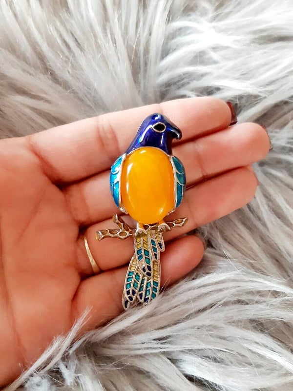 Broche oiseau calcite orange