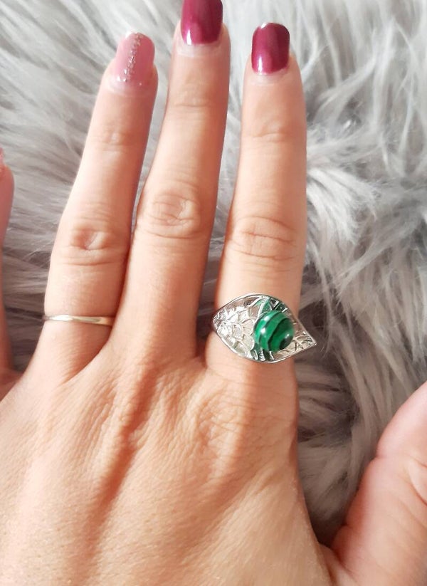 Bague acier inoxydable réglable malachite feuille