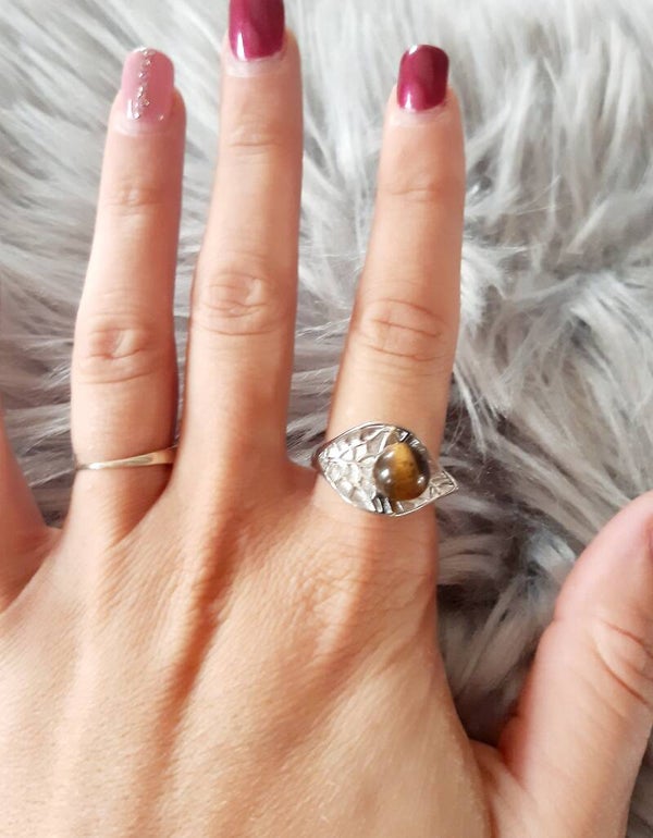 Bague acier inoxydable réglable œil de tigre feuille