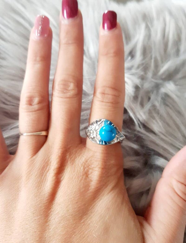 Bague acier inoxydable réglable turquoise feuille