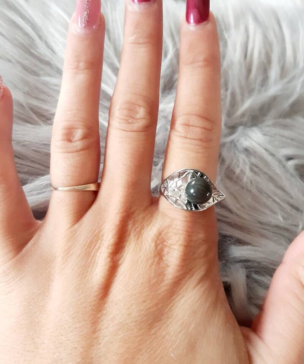 Bague acier inoxydable réglable agate feuille