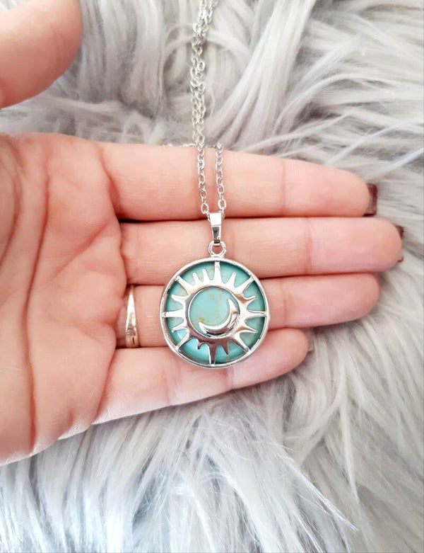 Collier acier inoxydable soleil rond turquoise africaine