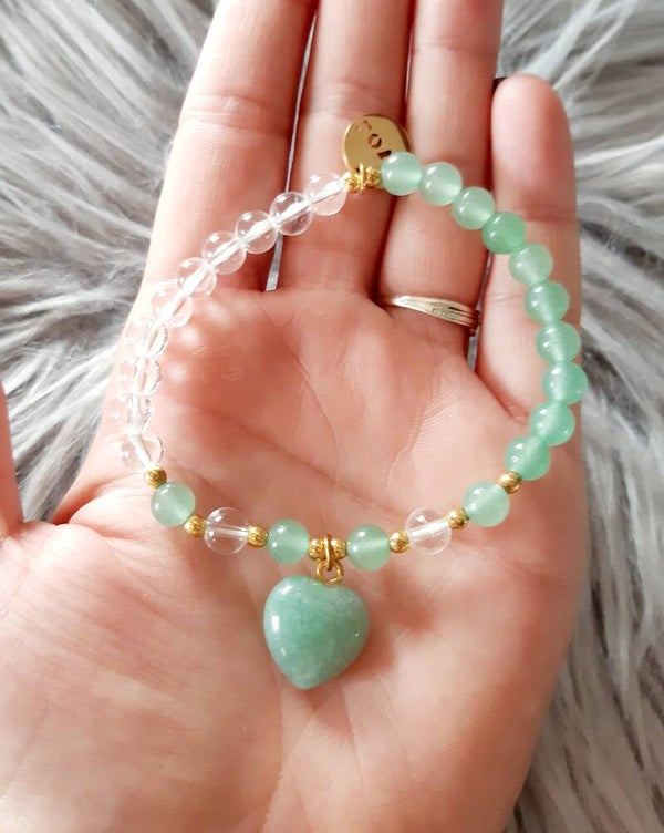 Bracelet perle cœur aventurine verte cristal de roche