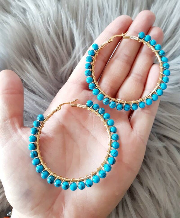 Boucle d'oreille créole plaqué or turquoise perle