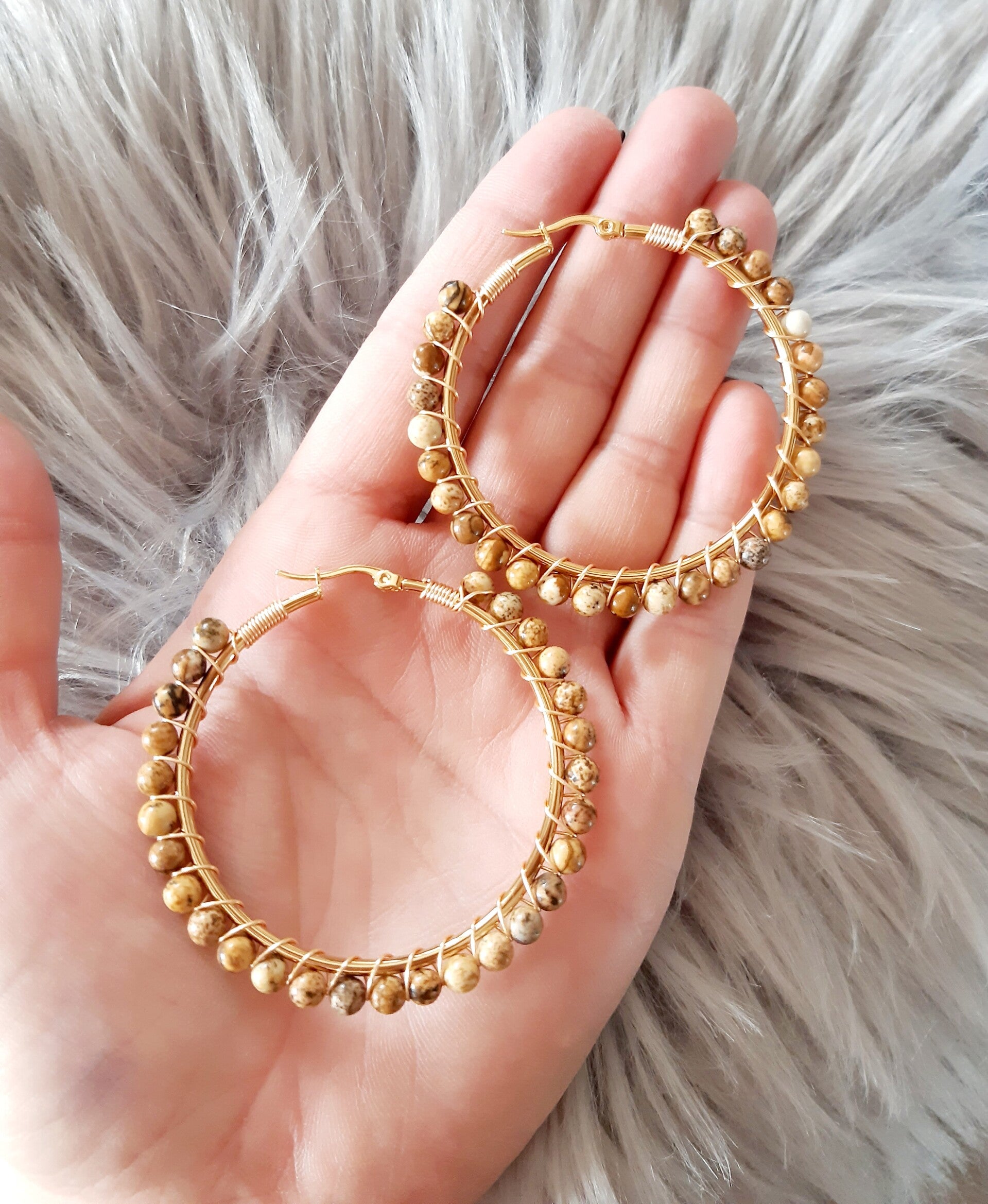 Boucle d'oreille créole plaqué or jaspe paysage perle