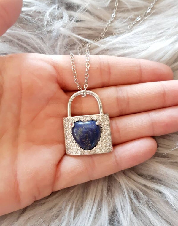 Collier acier inoxydable cadenas cœur lapis-lazuli