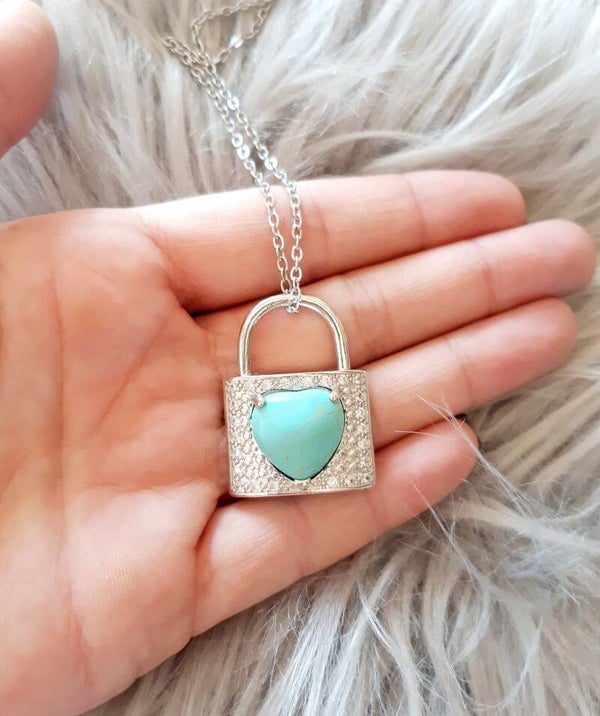 Collier acier inoxydable cadenas cœur turquoise africaine