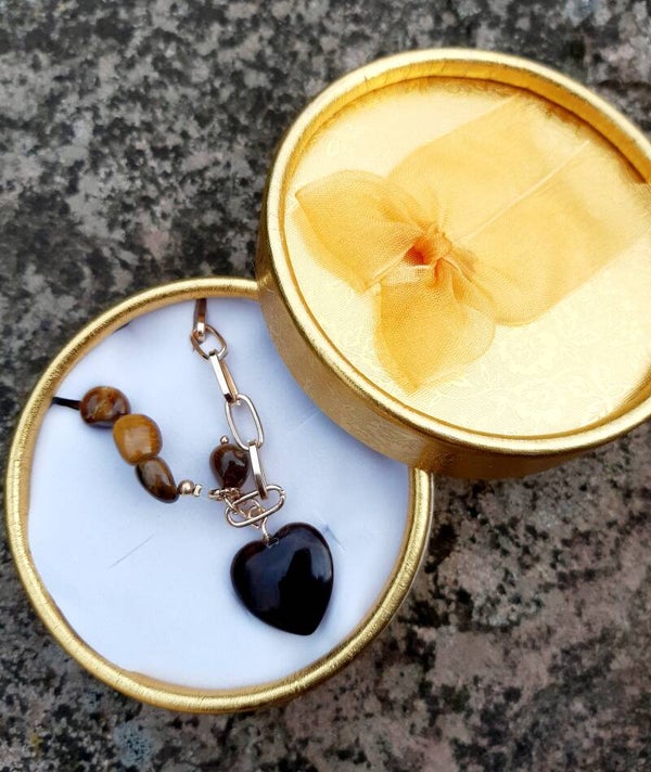 Collier plaqué or cœur chaînette œil de tigre