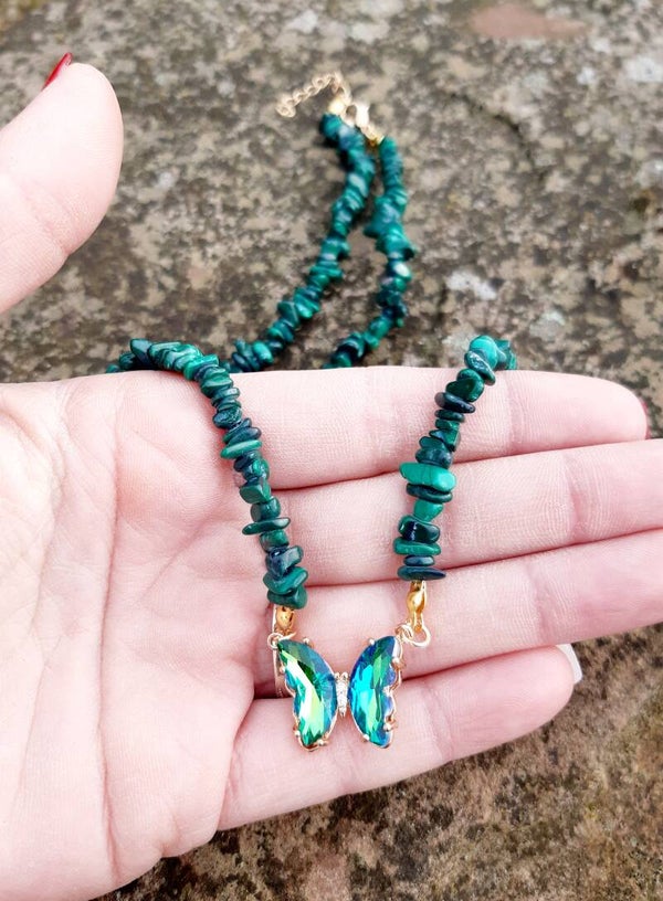Collier plaqué or papillon malachite diamant