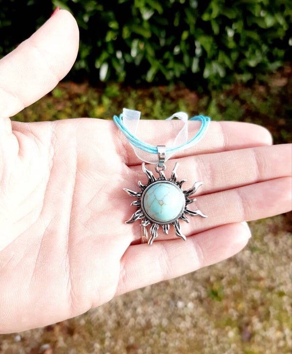 Collier acier inoxydable soleil turquoise africaine