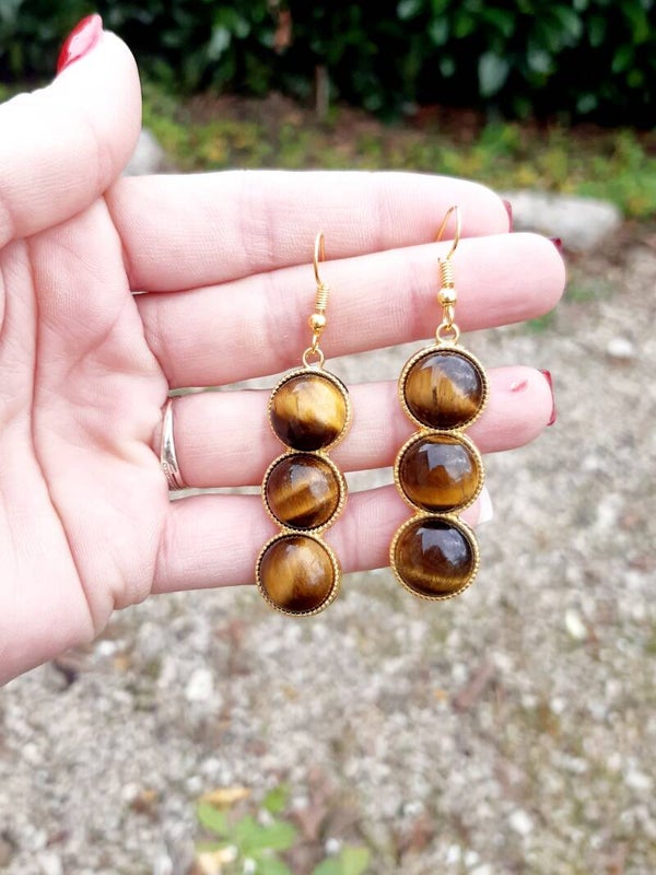 Boucle d'oreille cabochon acier inoxydable œil de tigre doré