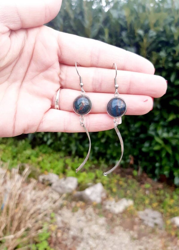 Boucle d'oreille cabochon acier inoxydable agate mousse pendantes
