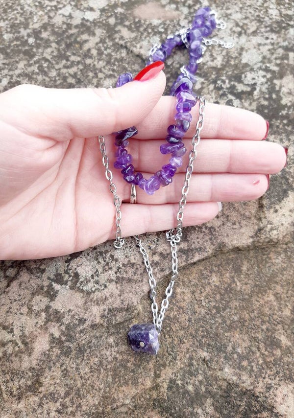 Collier acier inoxydable baroque sautoir améthyste