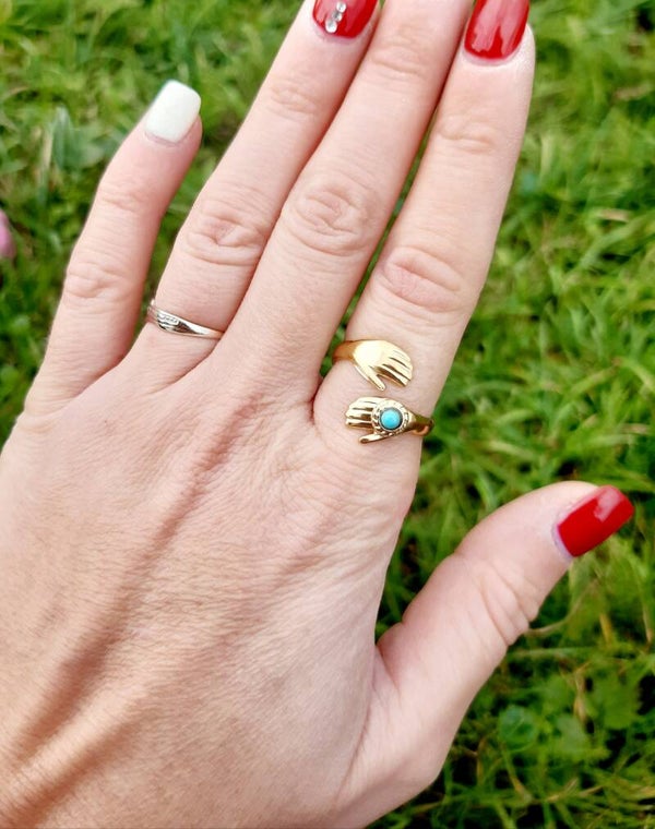 Bague or plaqué réglable turquoise main