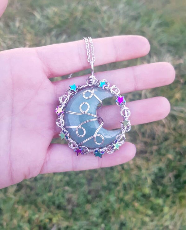 Collier acier inoxydable lune aventurine verte