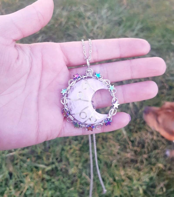 Collier acier inoxydable lune cristal de roche
