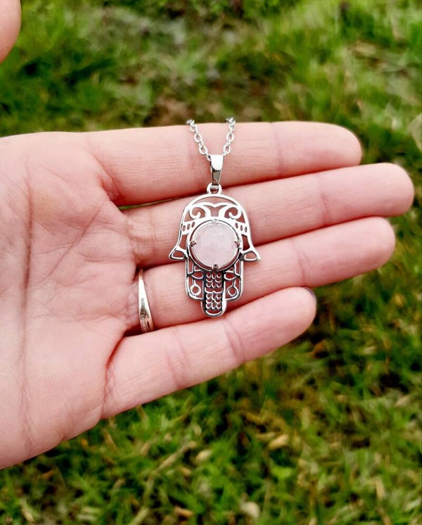 Collier acier inoxydable main de Fatma quartz rose
