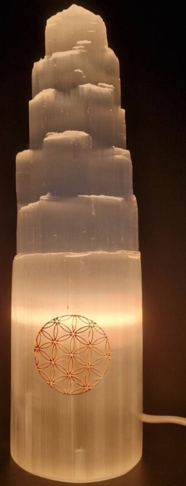 Lampe Sélénite Montagne Gravée 20cm - Fleur de Vie