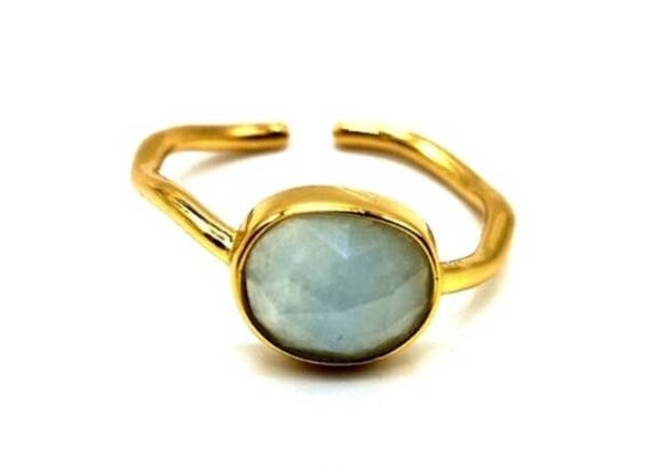 Bague argent 925 dorée réglable rond aigue marine