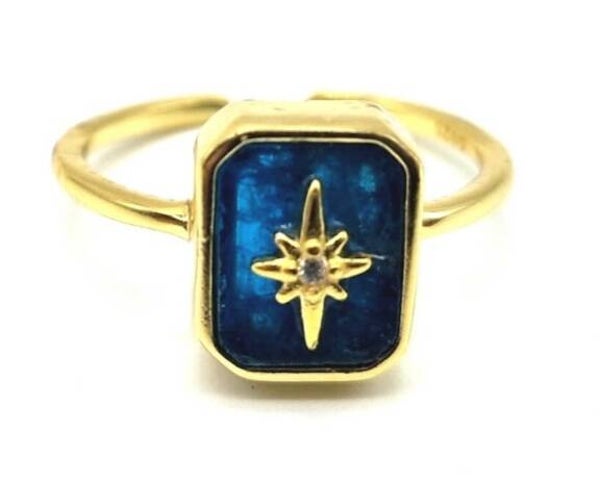 Bague argent 925 dorée réglable rectangle apatite bleu