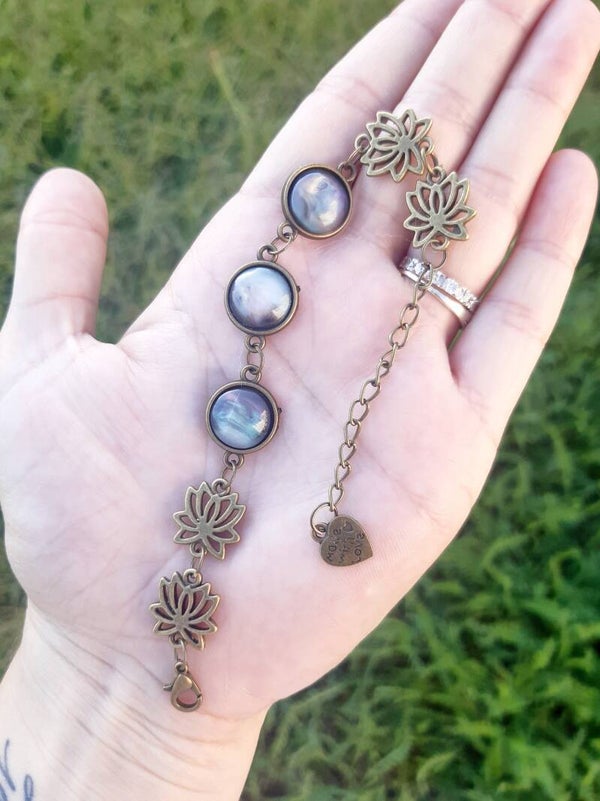 Bracelet chaînette acier bronze spectrolite fleur de Lotus