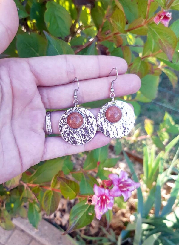 Boucle d'oreille cabochon acier inoxydable pierre de soleil rond