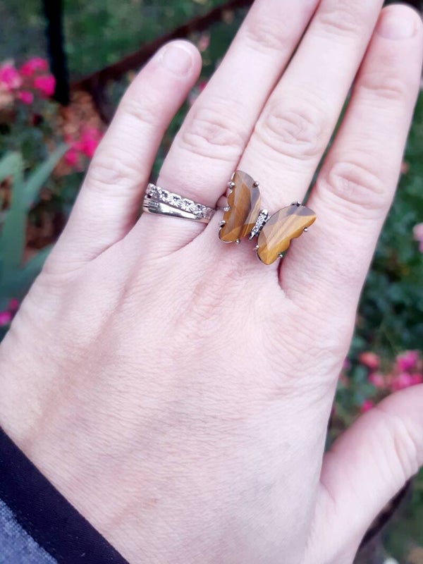 Bague acier inoxydable papillon œil de tigre
