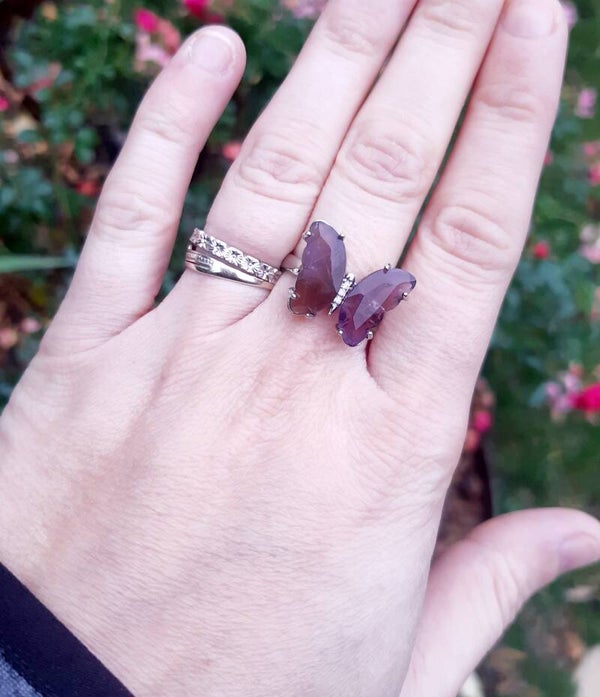 Bague acier inoxydable papillon améthyste