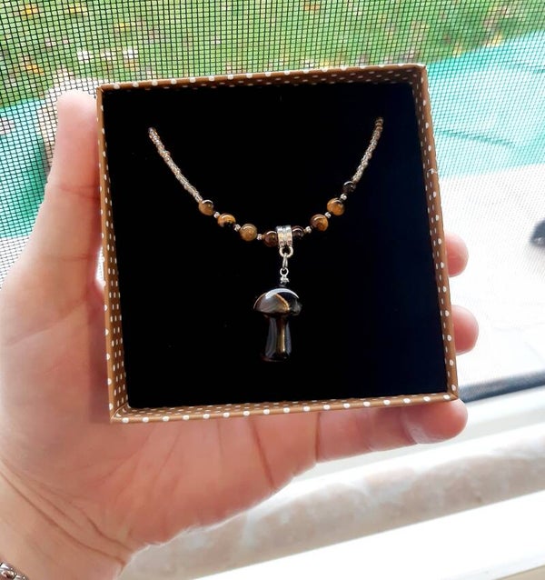 Collier acier inoxydable champignon œil de tigre